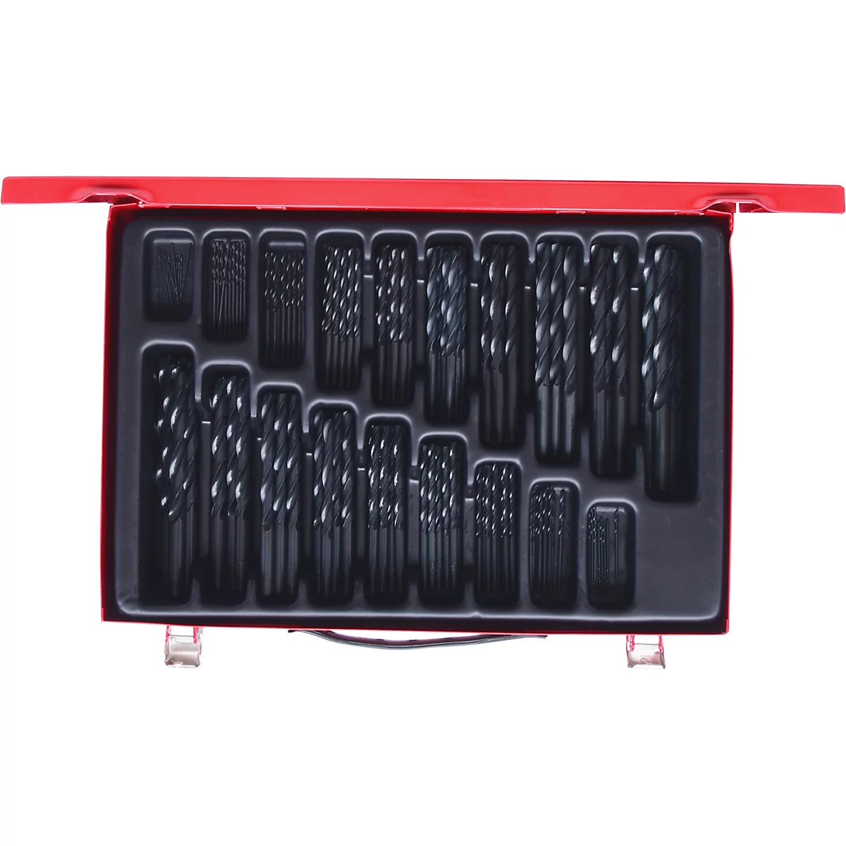 Rote Werkzeugkiste mit einer Auswahl an schwarzen Bohrern in unterschiedlichen Größen.